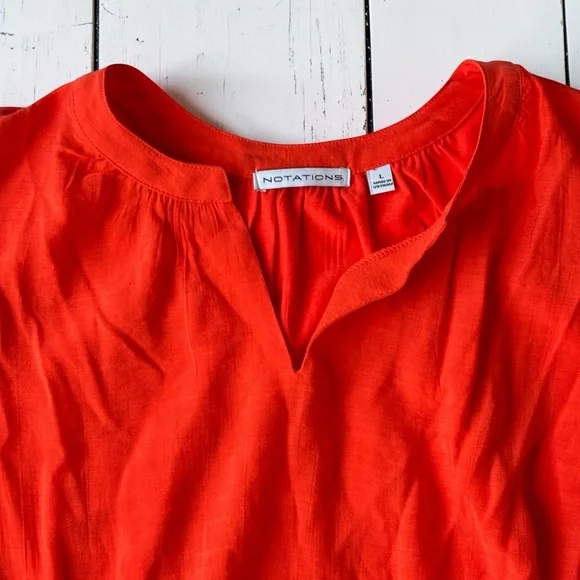 Notations Orange Tunic Blouse Size Lg Drawstring Hem Split Neck Lightweight Top - Picture 7 of 7